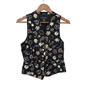 Banana Republic Vest Womens XS Black Floral Abstract 90s Rayon Back Cinch V-Neck